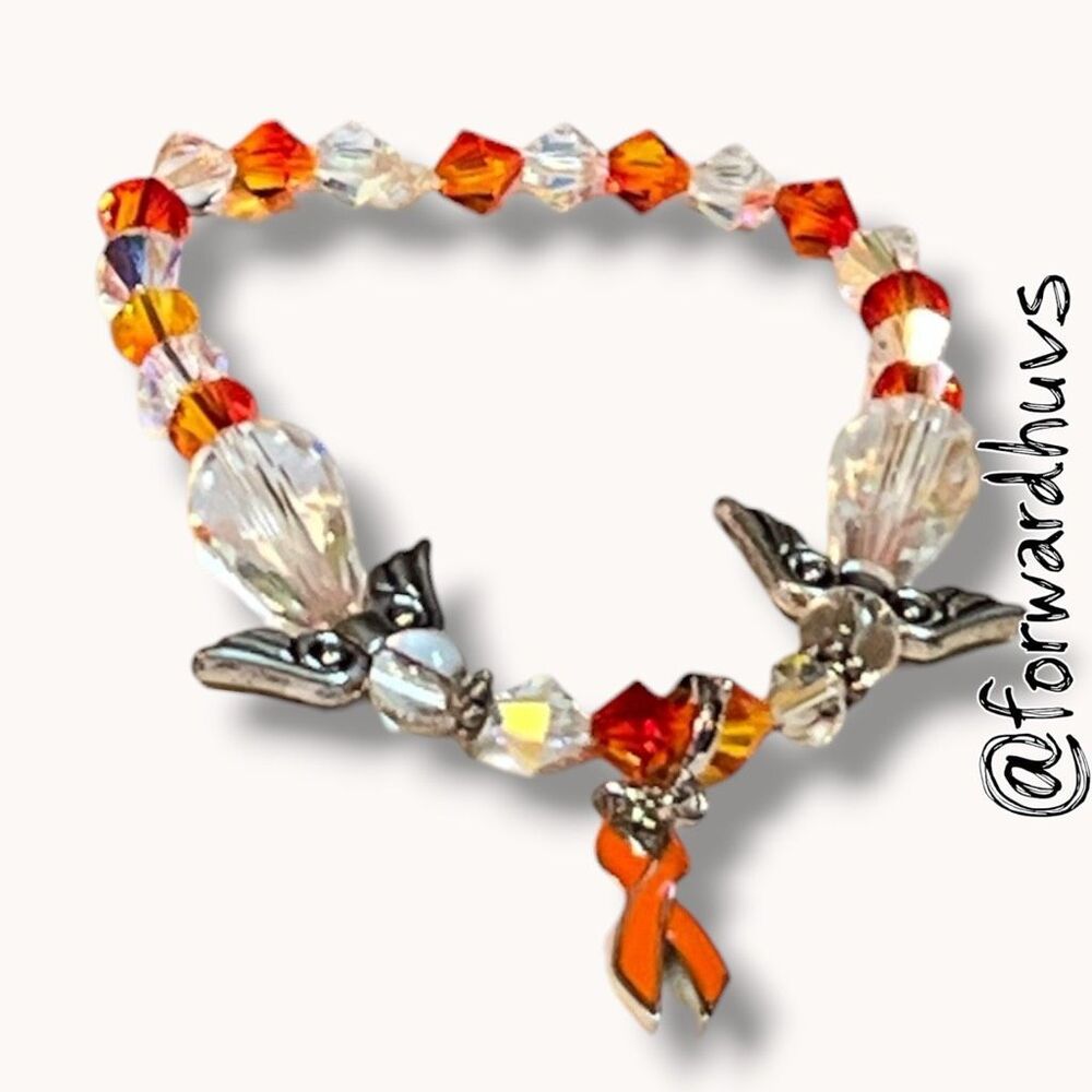 Orange Awareness Ribbon Crystal Angel Wing Stretch Bracelet Small - Medium